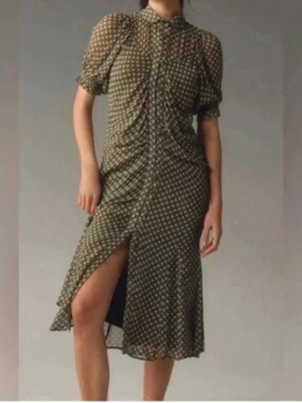Anthropologie Button Front Puff Sleeve  Midi Dress - Moss Green Floral 0‎